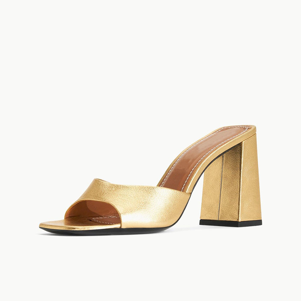 Gold Open Square Toe Party Mules Sandals with Chunky Heel