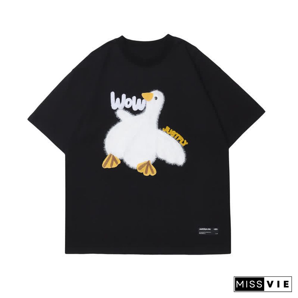 Cartoon Duck Embroidery Round Collar Casual T-Shirt