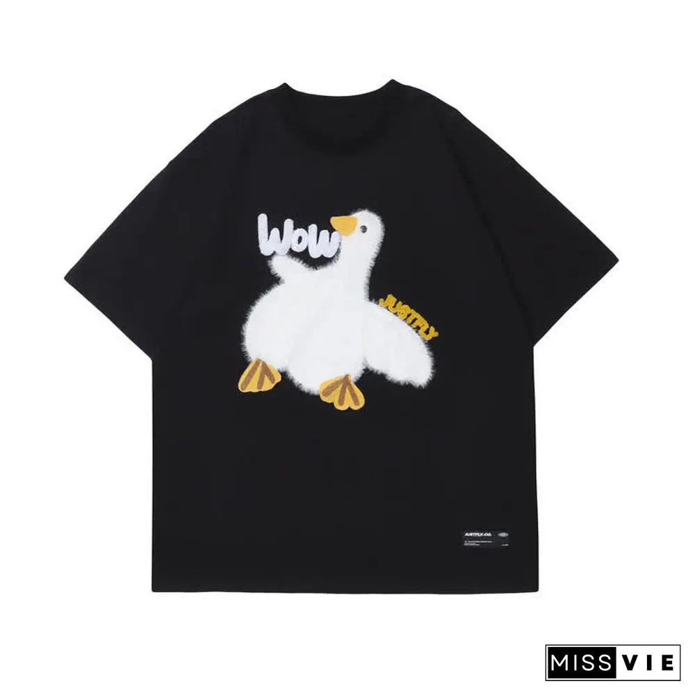 Cartoon Duck Embroidery Round Collar Casual T-Shirt
