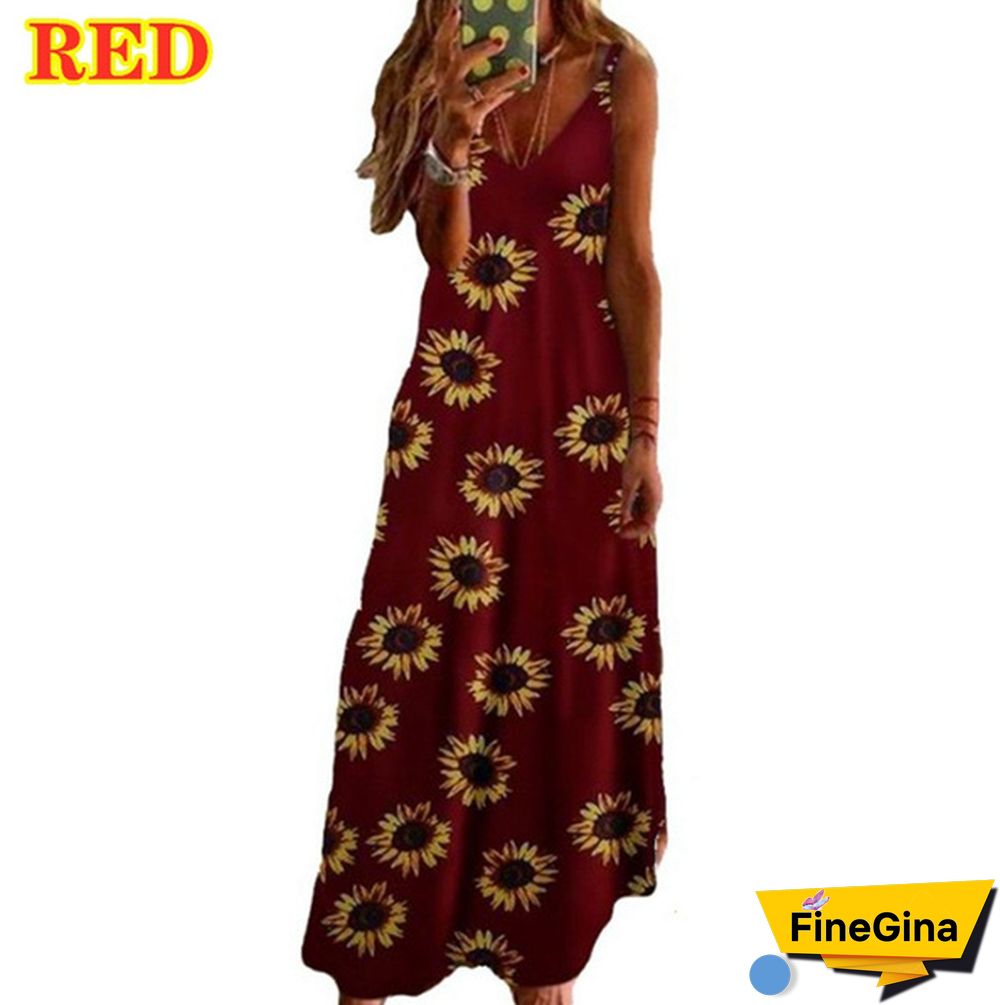 S-8XL Plus Size Vrouwen Maxi Jurk Zomer Casual Sexy Boho Gedrukt Lange Jurk Mouwloze V-hals Kleding Jurk Losse Vestido