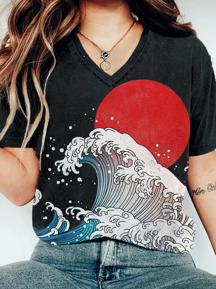 Sea Waves and Red Sun Japanese Art V Neck T Shirt elevenforest