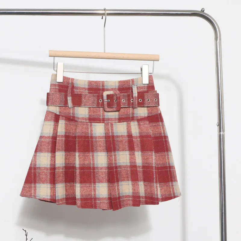 Churchf S-2XL With Belt ~ Lattice Hair Of The Hundred Folded Skirt High Waist Anti-Light Small A-Word Skirt 8382