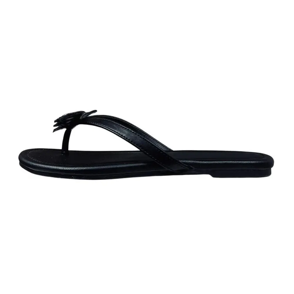 Black Open Toe Flat Rhinestone Bat Flip Flop Women's Sandals