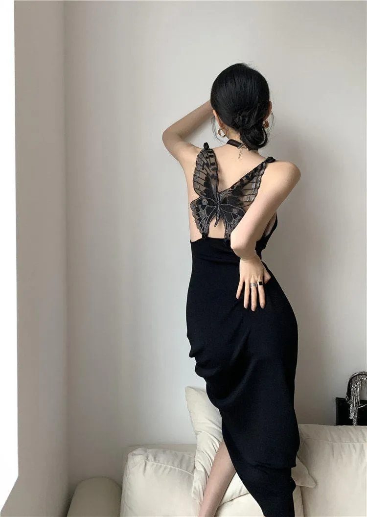 GOTH BUTTERFLY ON BACK ELEGANT BLACK MAXI DRESS