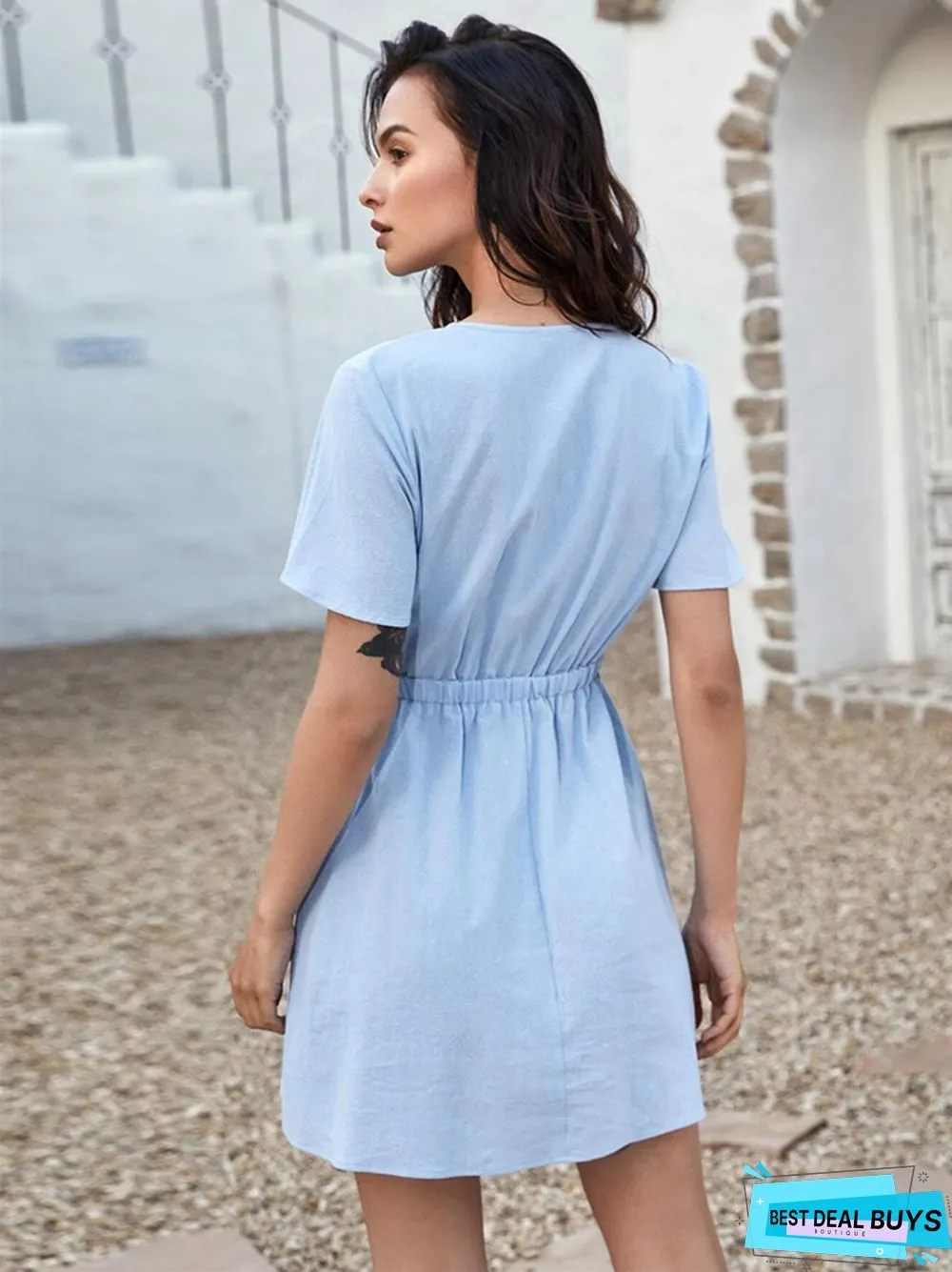 Dress Strap Bow Casual Solid Color A-Line Skirt Temperament Short Sleeve Cotton Dress