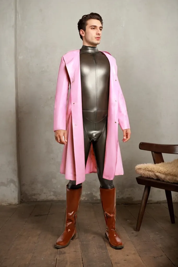 Men Pink Latex Gowns Lightweight Outerwear