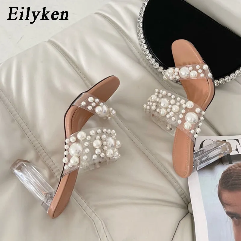 Eilyken New Transparent PVC String Bead Shoes Woman Fashion Open Toe Slippers Crystal Perspex Heels Slides Beach Sandale Femme
