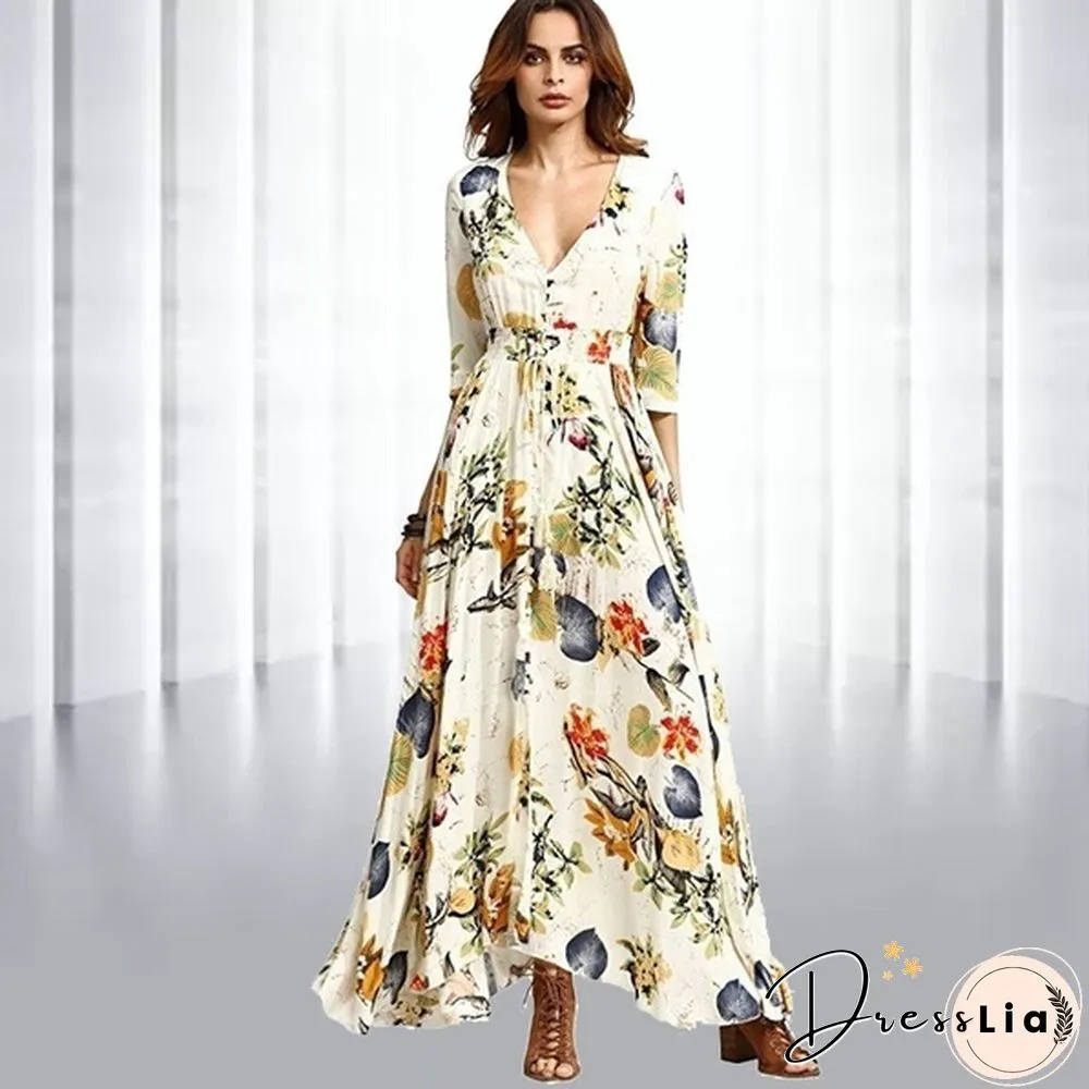 Summer Fashion Womens Bohemian V Neck Print Big Swing Long Dress Plus Size