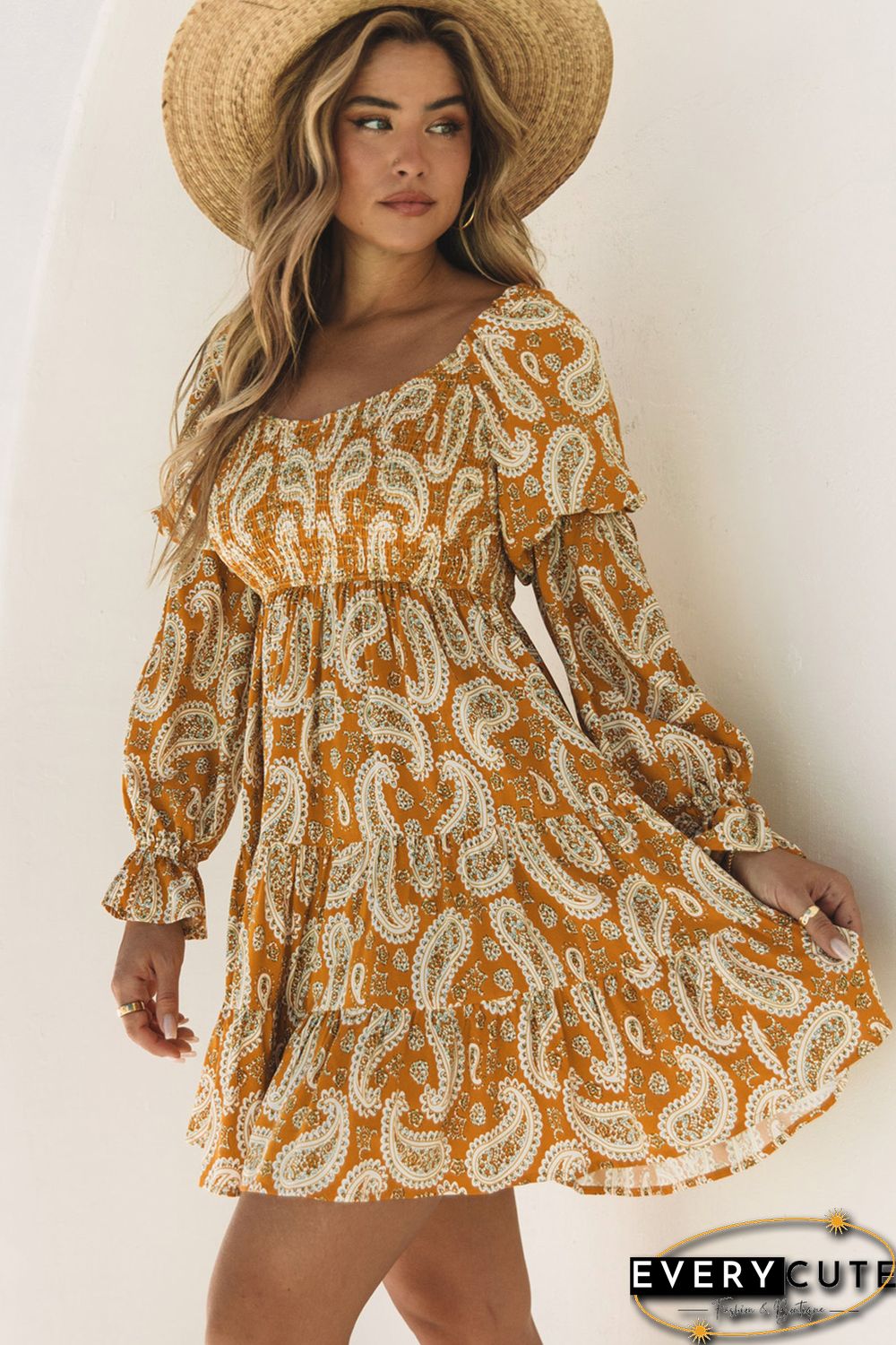 Yellow Boho Paisley Long Sleeve Floral Dress