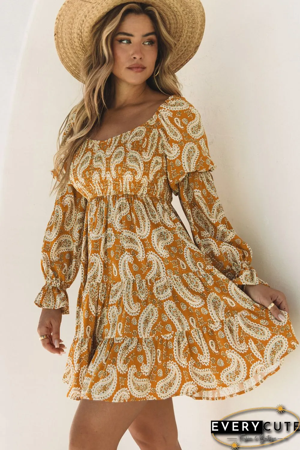 Yellow Boho Paisley Long Sleeve Floral Dress