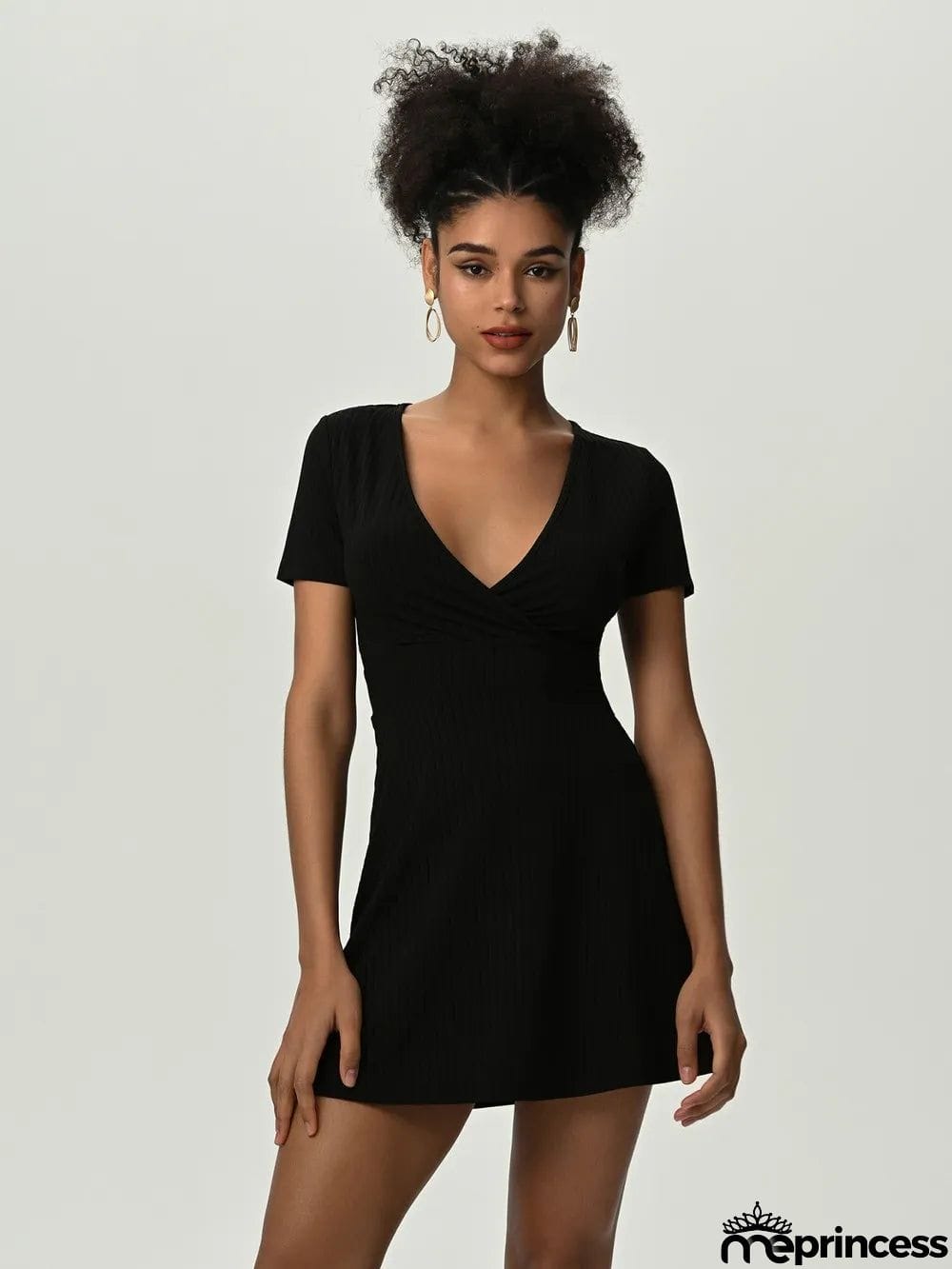 Deep V Short Sleeve Mini Dress