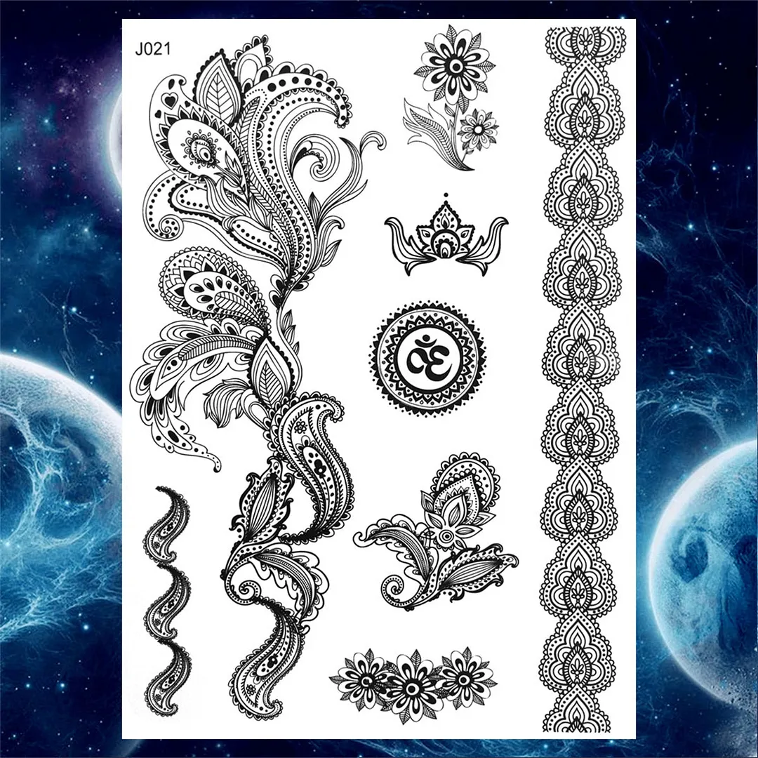 Sexy Black Henna Temporary Tattoos For Women Girls Lotus Flower Lace Tattoo Sticker Fake Jewelry Mandala Body Chest Tatoos Paper