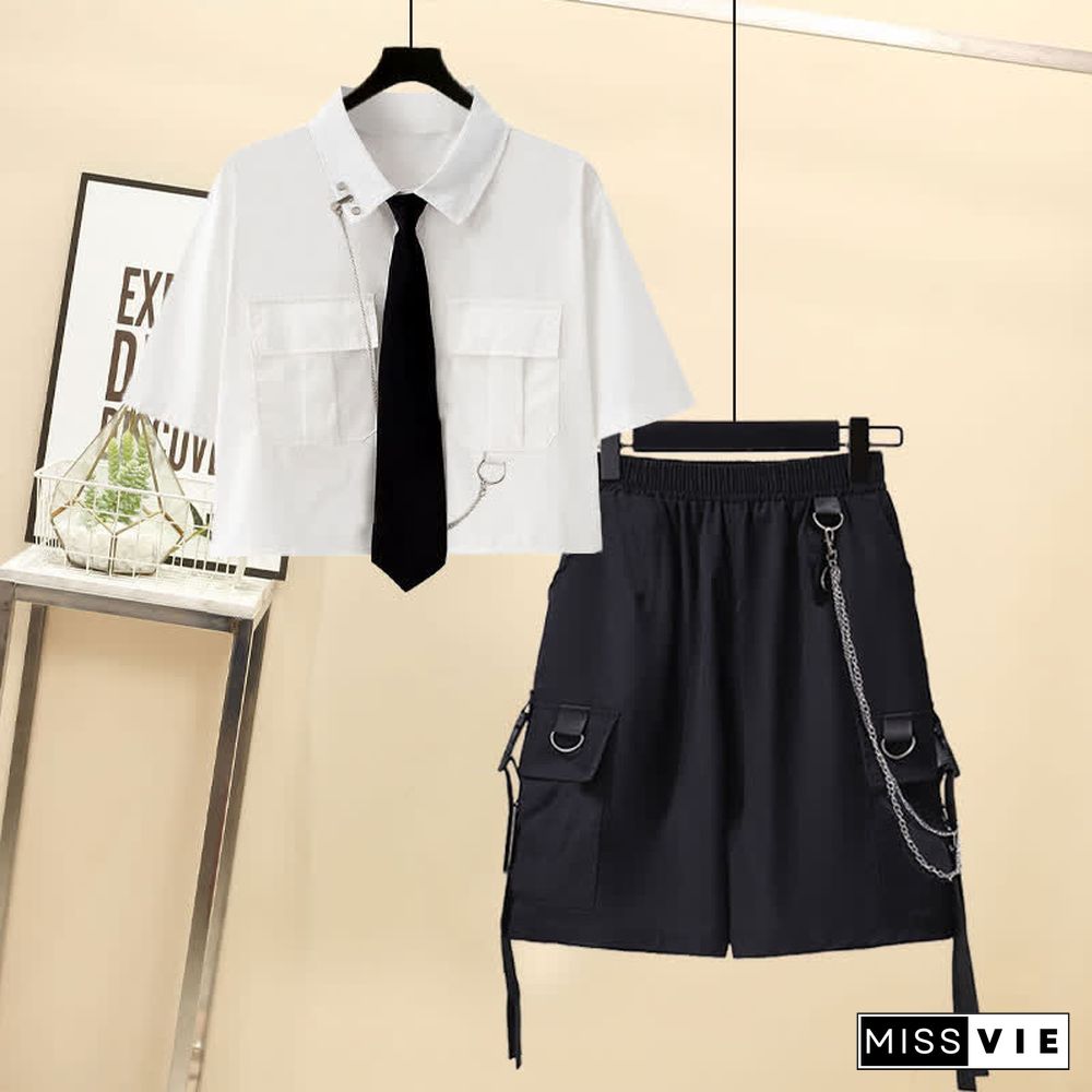 Chic Pocket Lapel Tie T-Shirt Casual Chain Cargo Shorts Pants
