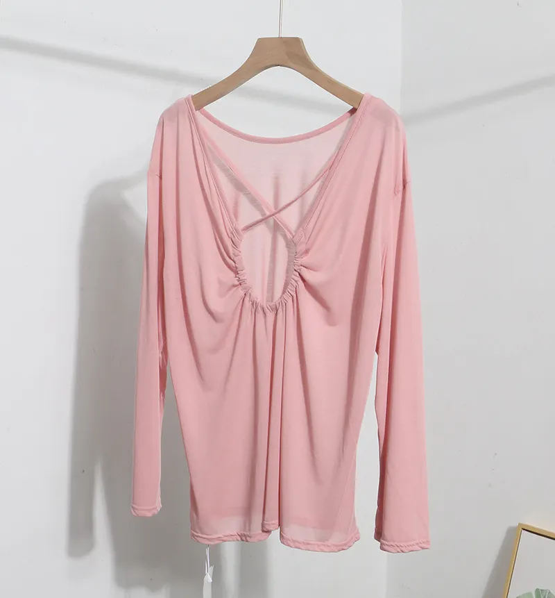 Brownm Real Shot Tiansi Mask Bare Back Long Sleeve Sunscreen Back Cross-Section Thin T-Shirt Shirt Top Woman 85830