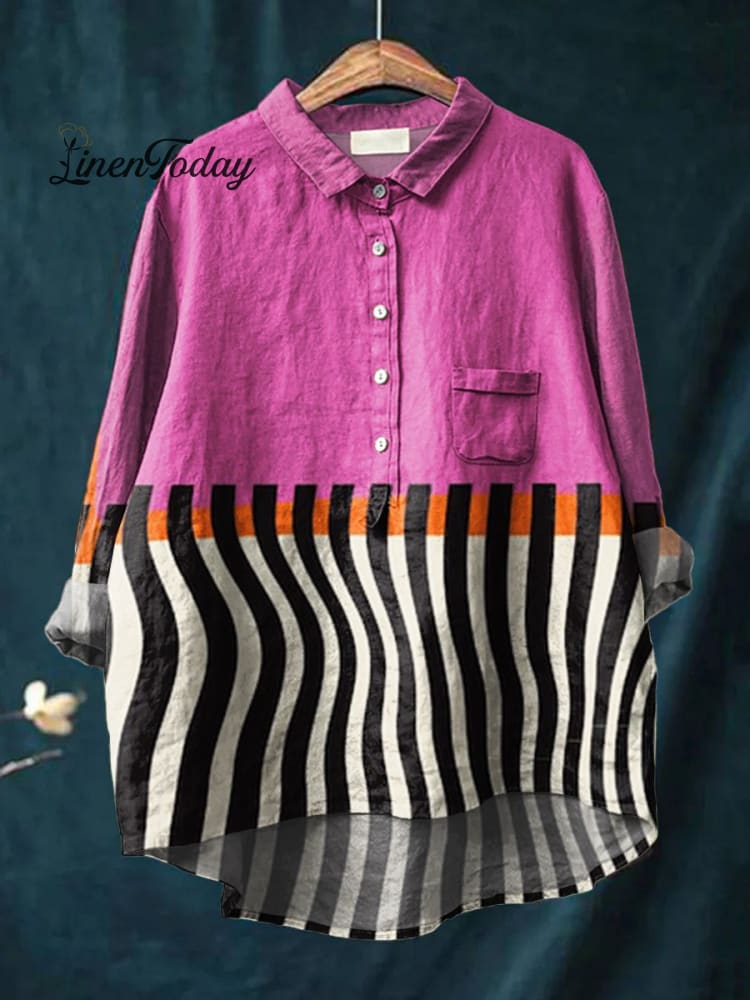 Women&rsquo;s Pink Color-Block Abstract Geometry Print Casual Cotton And Linen Shirt Multicolor / S
