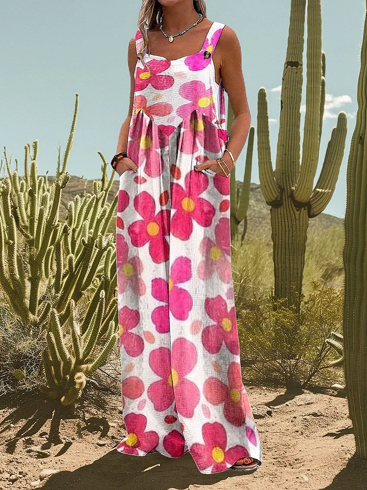 Women's Vintage Flower Print Casual Strap Wide Leg Pants
