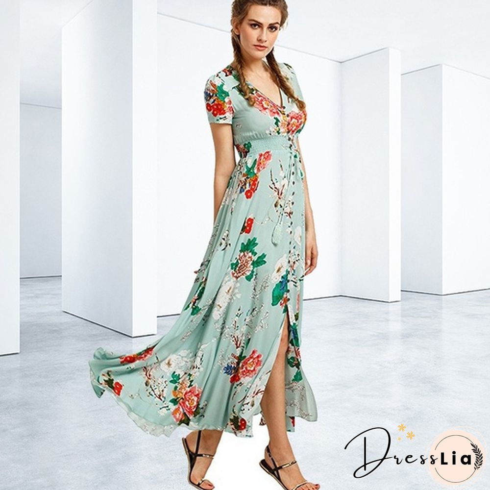 Summer Fashion Womens Bohemian V Neck Print Big Swing Long Dress Plus Size