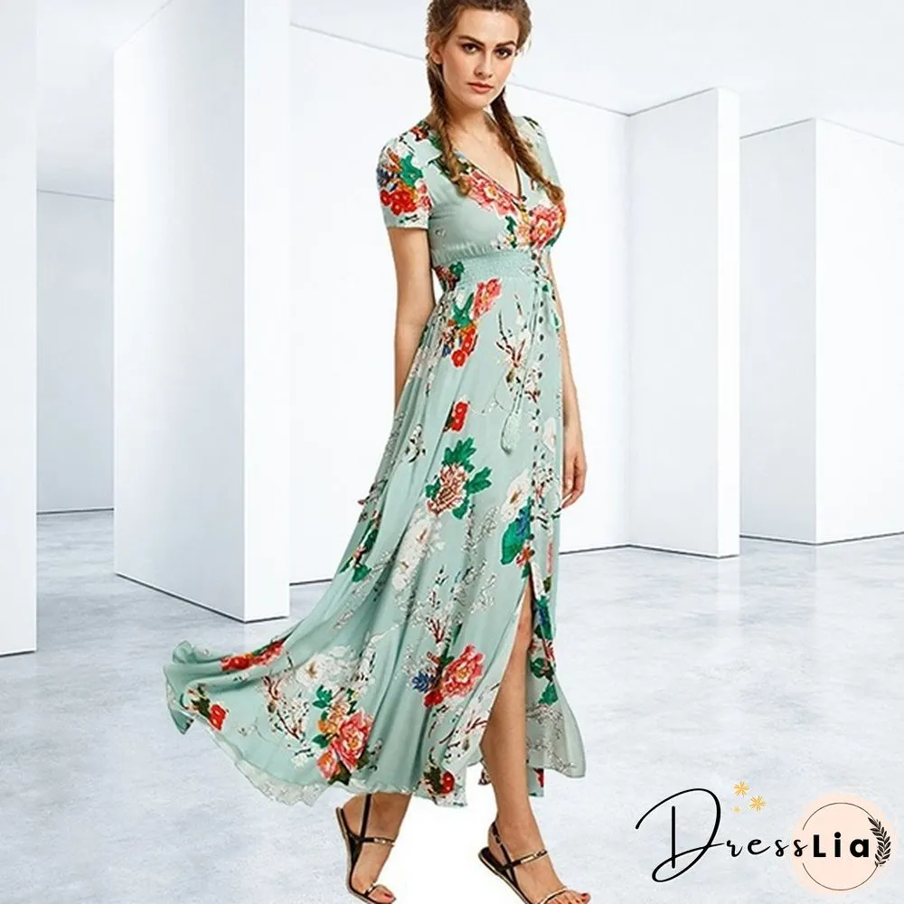 Summer Fashion Womens Bohemian V Neck Print Big Swing Long Dress Plus Size