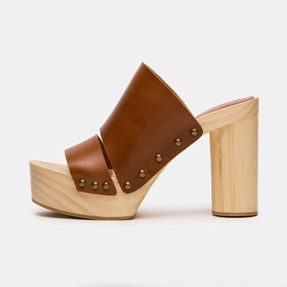 Brown Open-Toe Studded Cylinder Heel Platform Slide Sandals