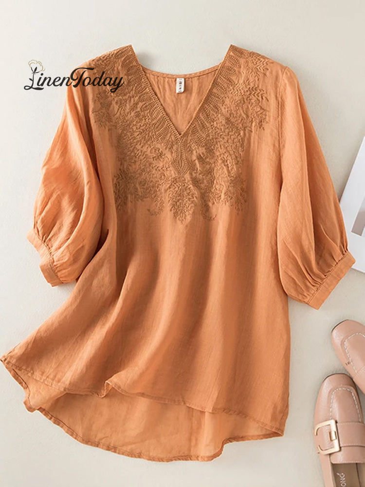 Women&rsquo;s Print Casual Linen V-Neck Shirt Orange / M