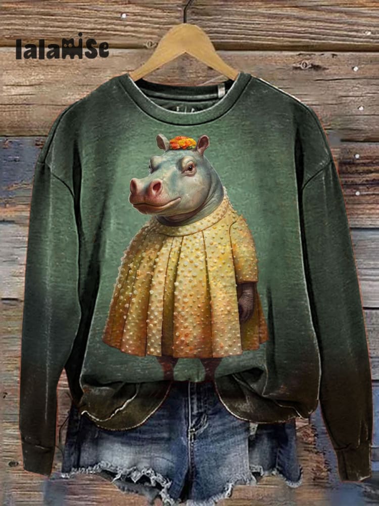 Funny Hippo Art Pattern Print Casual Sweatshirt Green / S