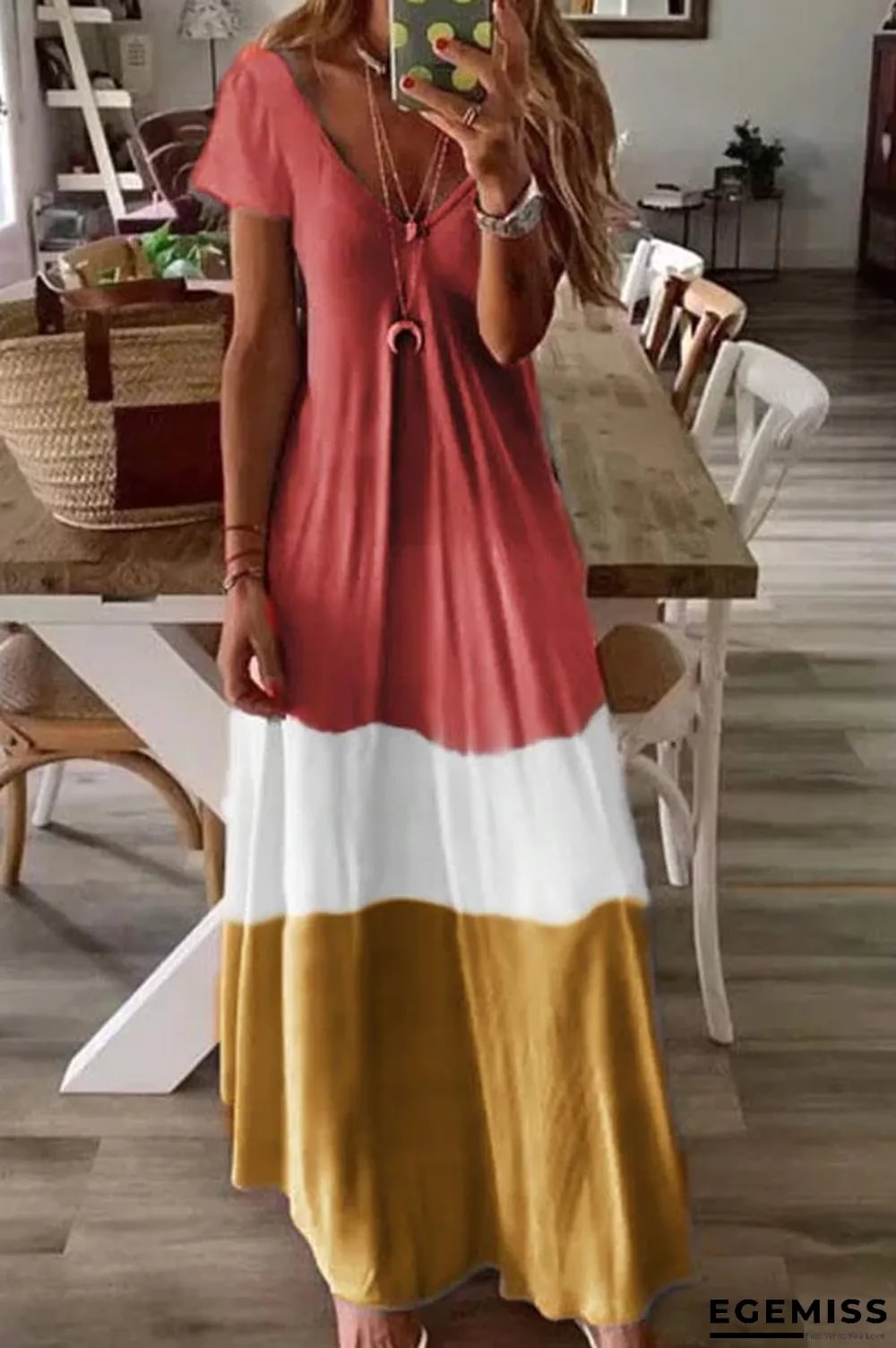 Color-block V-neck Short Sleeves A-line Holiday Maxi Dress | EGEMISS
