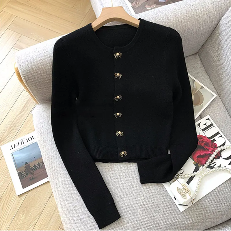Churchf Fragrant Wind Black Knit Cardigan Female 2025 New Style Lazy Retro Round Neck Sweater Coat