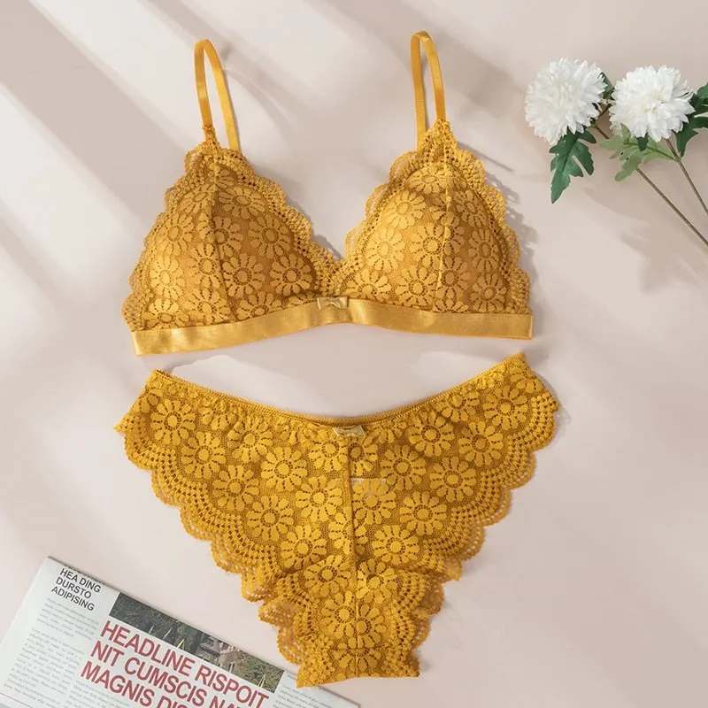 Beauty Back Sexy Bra Set Underwear Lace Push-up Bra and Panty Set Female Brassiere Yellow Flower Embroidery Lingerie Set