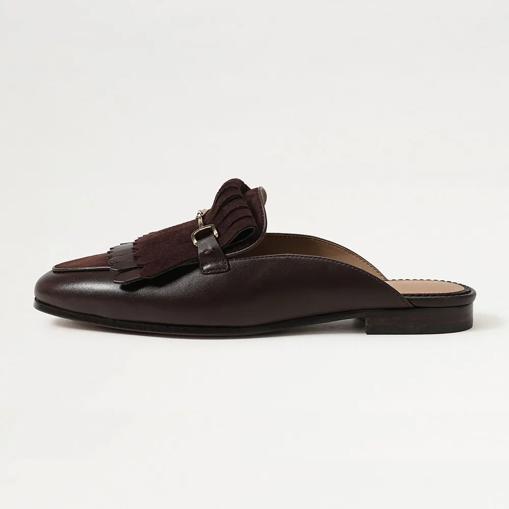 Chic Brown Round Toe Fringe Slip On Snaffle Buckle Flat Mules