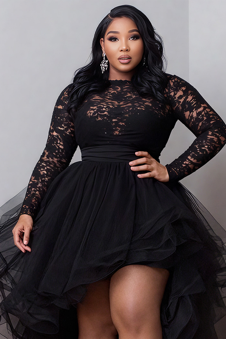 Xpluswear Design Plus Size Cocktail Party Black Round Neck Long Sleeve High  Low Hem Elegant Ruffle Tulle Lace Mini Dresses