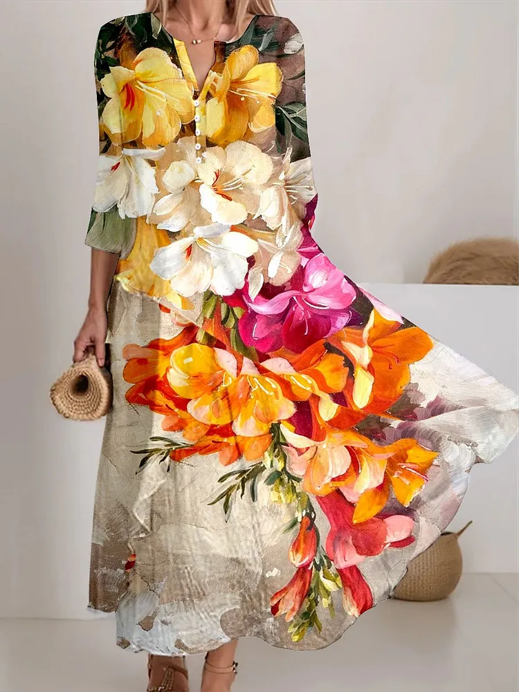 Women's FreesiasIn Bloom Vintage Flower Art Print Casual Holiday Dress