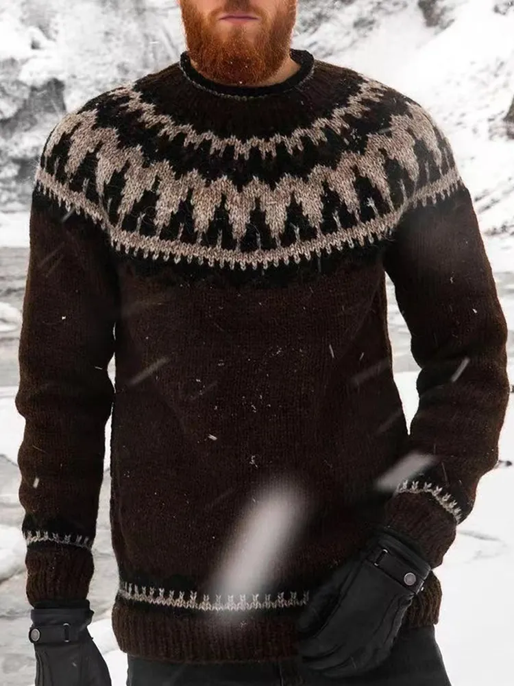 Retro Brown Fair Isle Surf Graphics Jacquard Sweater