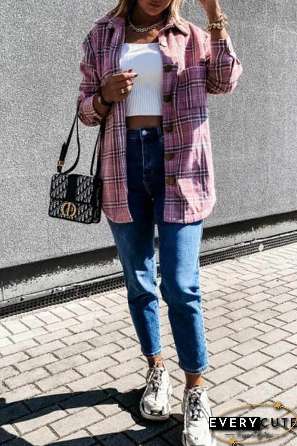 Fashion Casual Plaid Splicing Button Pocket Shirt