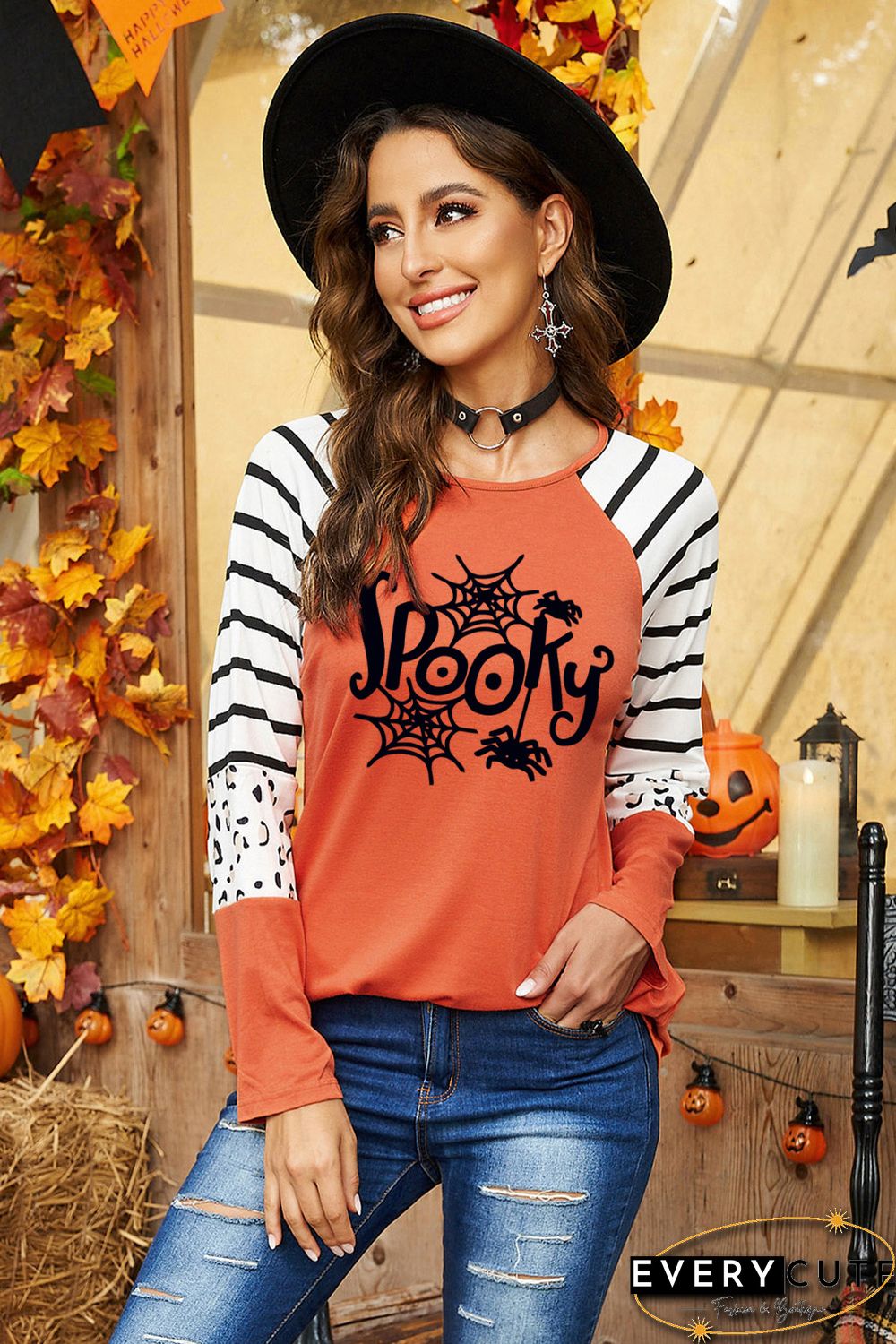 Orange Spooky Spider Web Striped Leopard Color Block Top