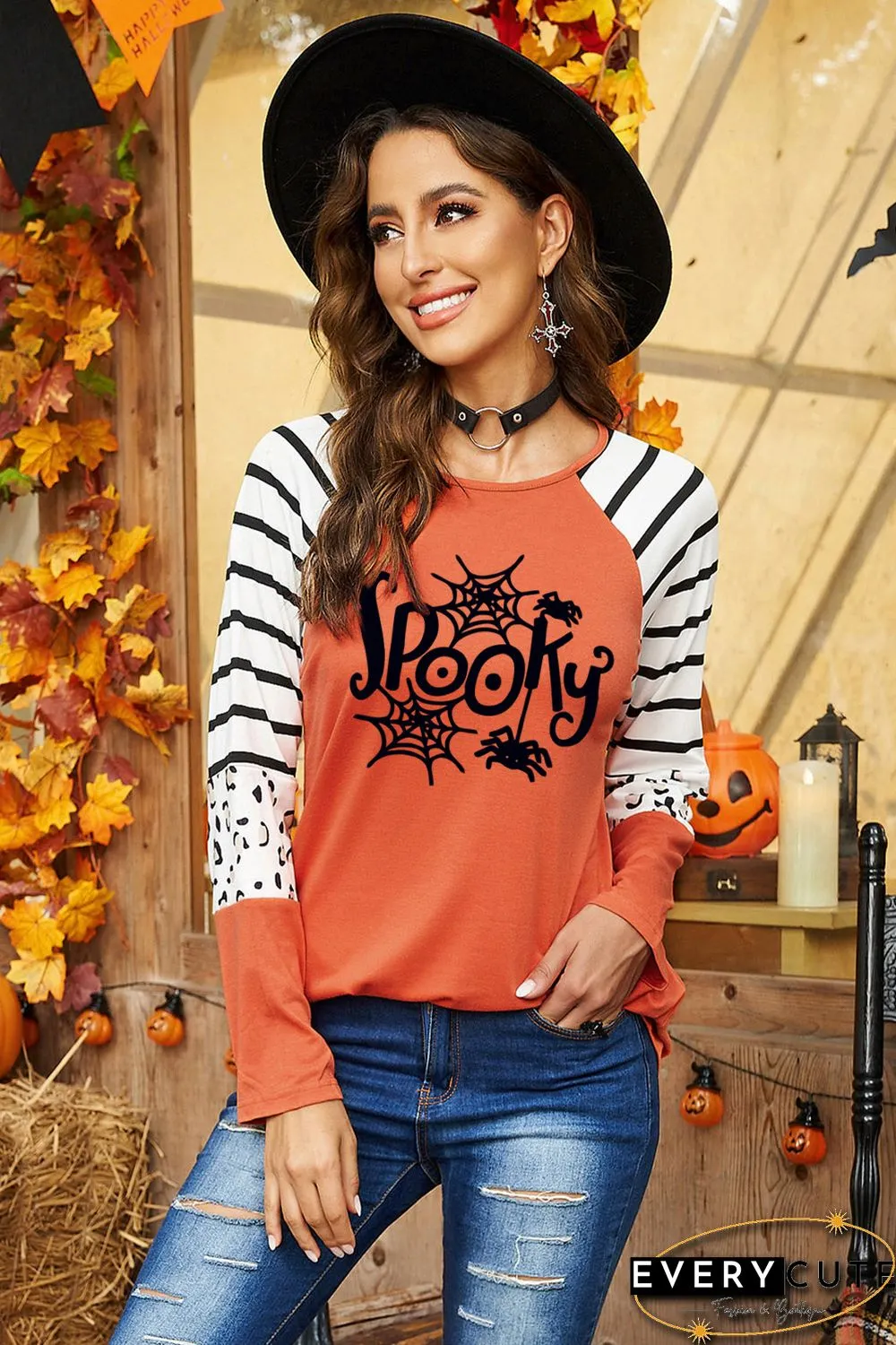 Orange Spooky Spider Web Striped Leopard Color Block Top