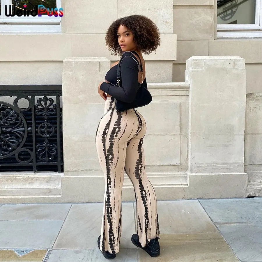 Weird Puss Tie Dye Print Casual Straight Pants Women stripe Stretch High Waist Long Trousers Wild Fashion Streetwear Y2K Bottoms