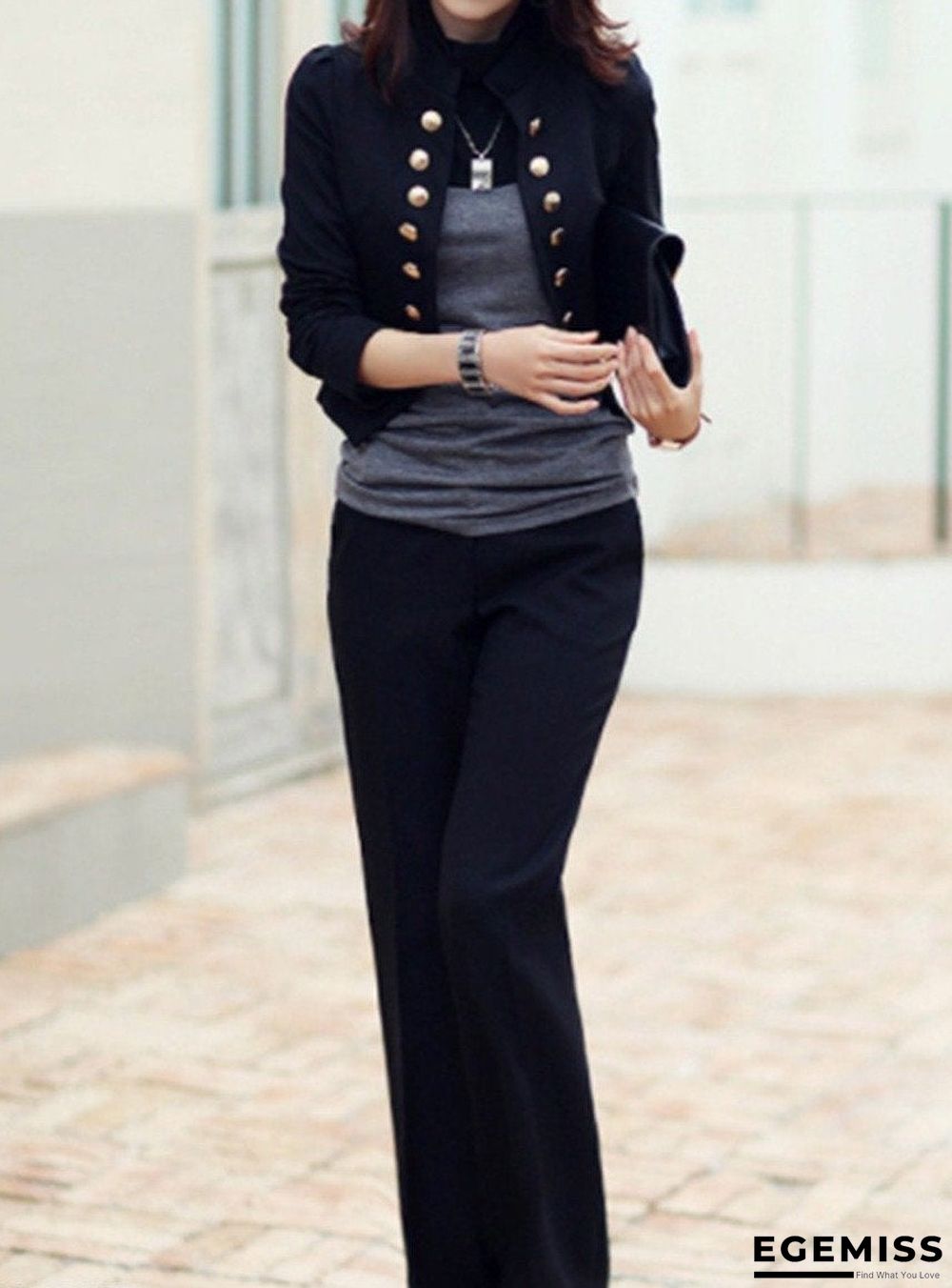 Ladylike Double Breasted Band Collar Blended Plain Blazer | EGEMISS