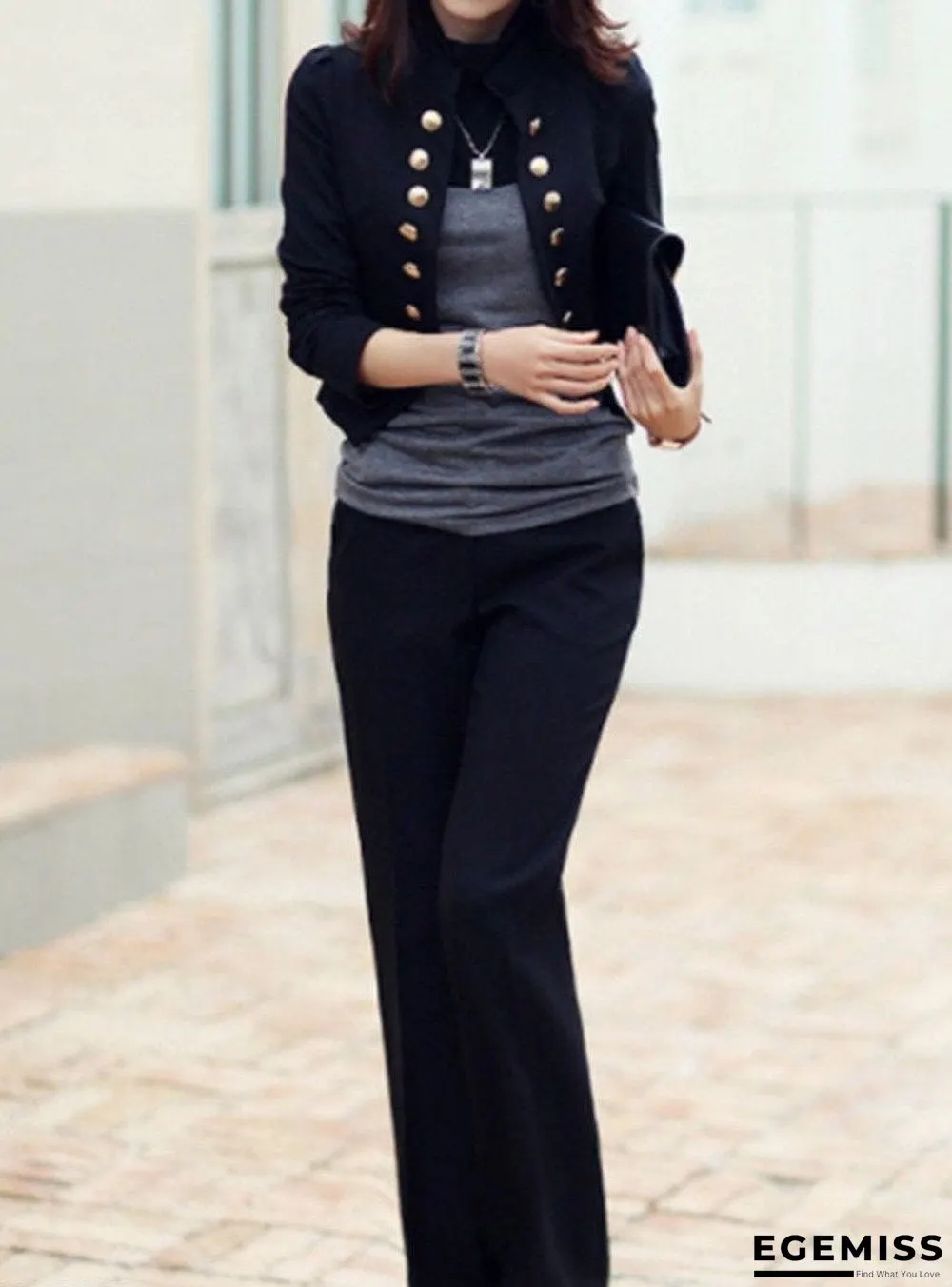 Ladylike Double Breasted Band Collar Blended Plain Blazer | EGEMISS
