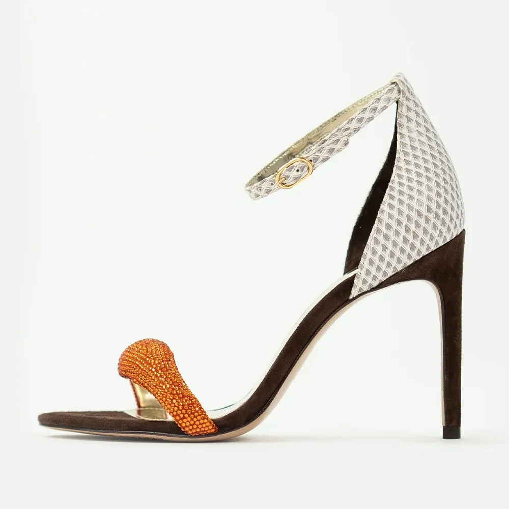 Orange & Brown Rhinestone Embossed Ankle Strap Summer Sandals