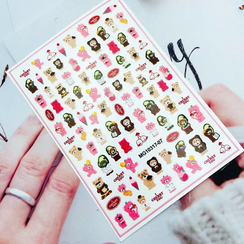 New Style Cartoon Nail Stickers Decals Neon Light Flamingo Teddy Bear Pattern Self Adhesive Nail Art DIY Manicure Decorations-Nail Inspo