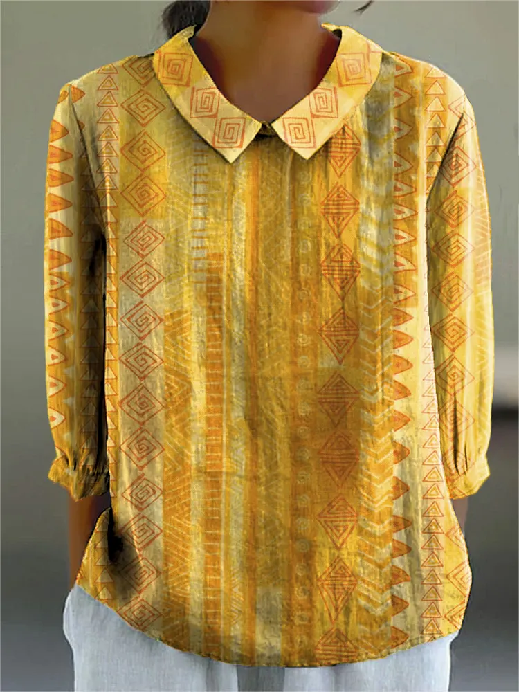 Women's Vintage Colorblock Geometric Art Print Casual Cotton And Linen 3/4 Sleeve Shirt