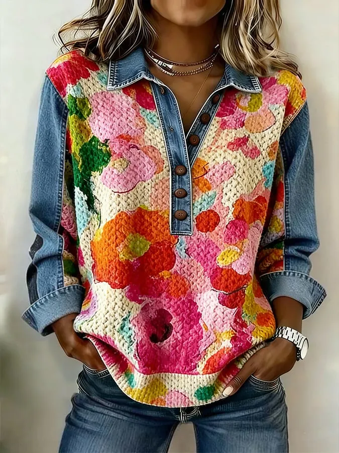 Women's winter vintage floral print lapel button-up top 