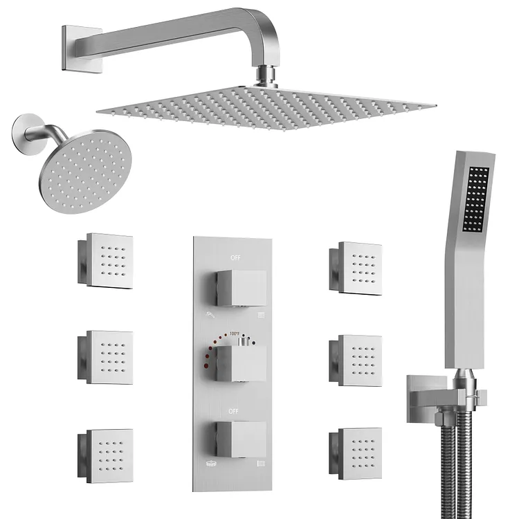 EVERSTEIN 12" Thermostatic Shower System with Handheld & 6 Body Jets, Brushed Nickel