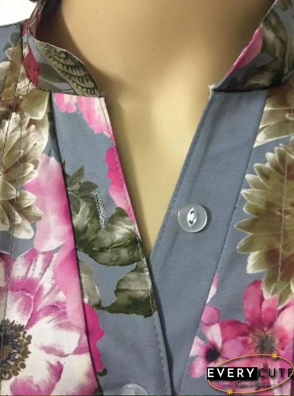 Women Plus Size Flower Print V Neck Blouse Loose Chiffon Shirt Blouse