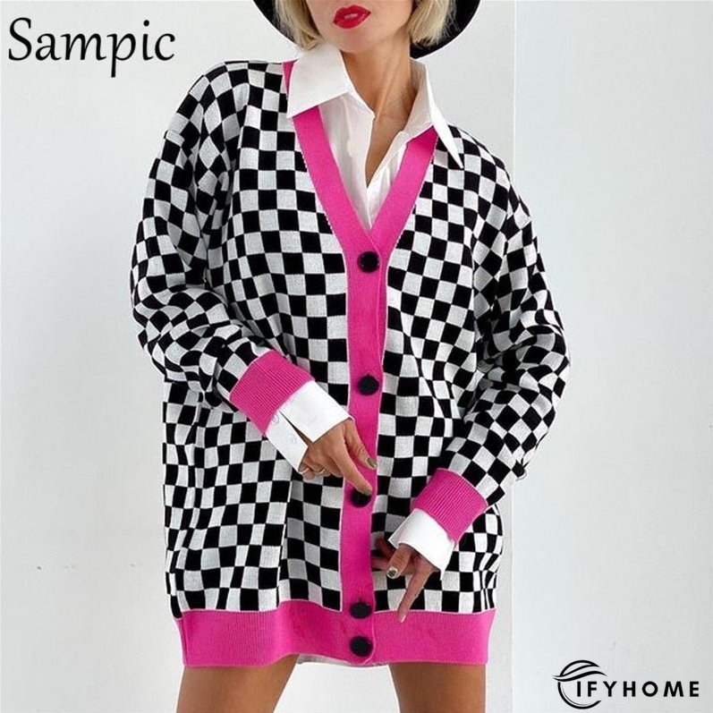 Christmas Gift Sampic Loose Patchwork Knitwear Winter Women Cardigans Tops Oversized Long Sleeve Y2K V Neck Sweater Casual Fashion Tops | IFYHOME