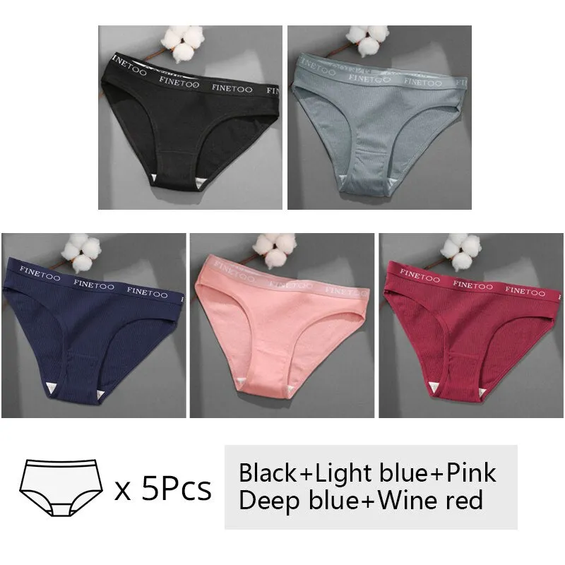 FINETOO 5Pcs/set Cotton Panties Women M-2XL Solid Color Letter Underwear Ladies Low Waist Briefs Plus Size Underpants Lingerie