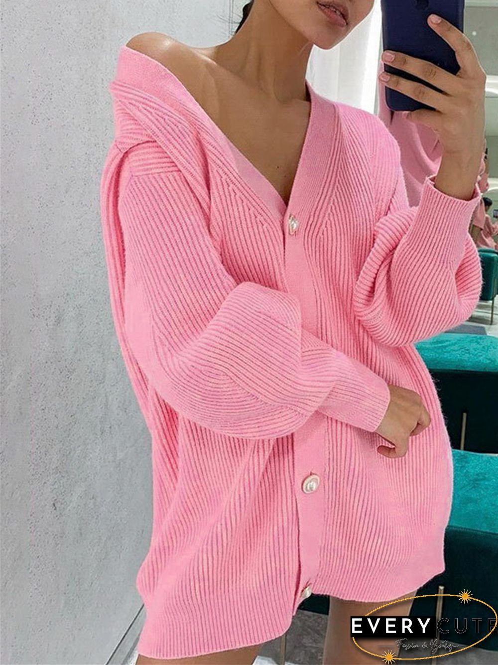 Solid Color V-neck Casual Loose Knit Breasted Cardigan Sweater