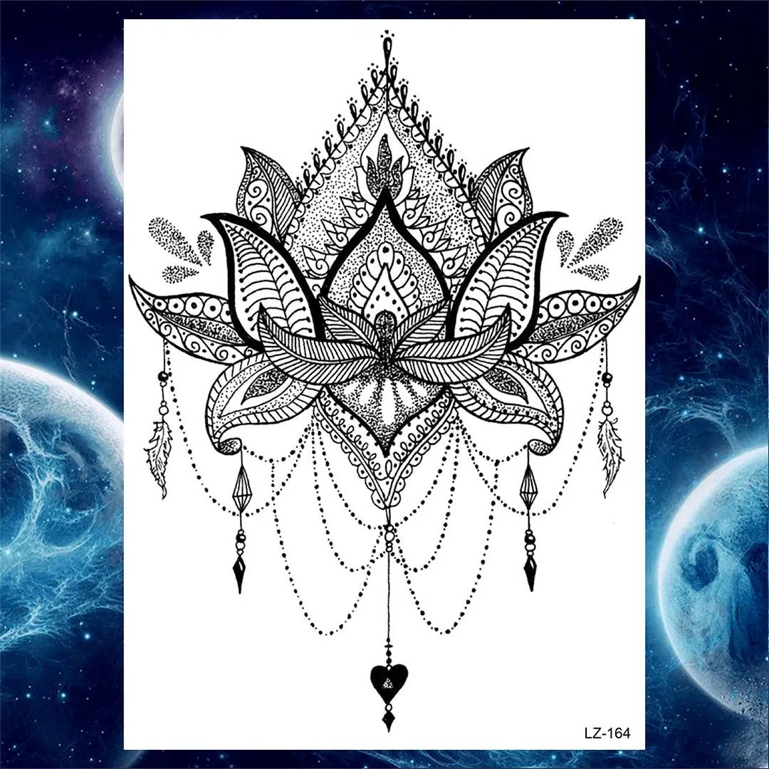 Sexy Black Henna Temporary Tattoos For Women Girls Lotus Flower Lace Tattoo Sticker Fake Jewelry Mandala Body Chest Tatoos Paper