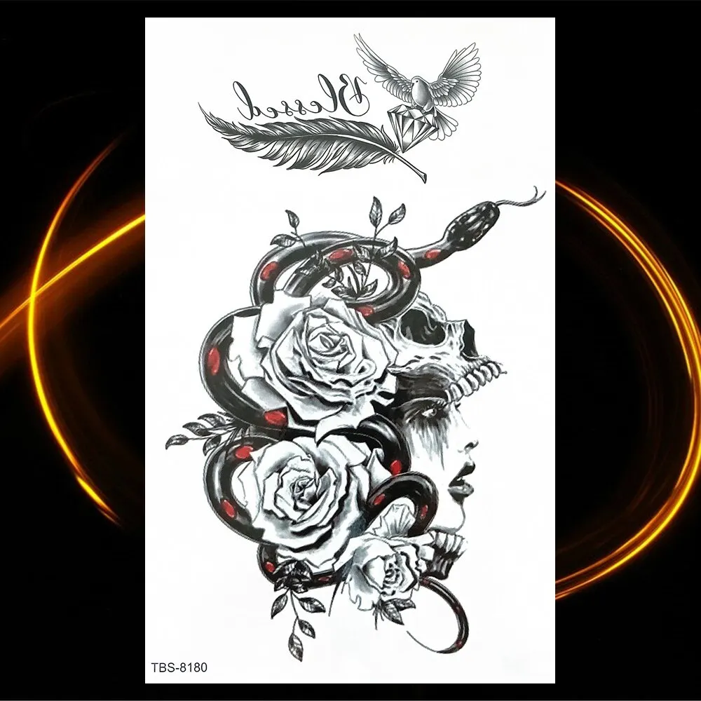 Sdrawing Skeleton Fake Temporary Tattoos For Women Men Green Snake Rose Daisy Flower Tattoo Scorpion King Body Thigh Waterproof Tatoo