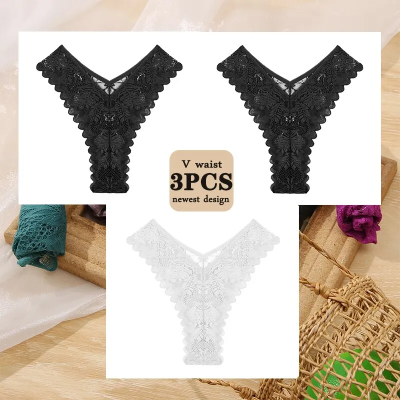 3PCS/Set Floral Lace Panties Perspective Sexy Underwear Women Panties Brazilian Briefs Lingerie V Waist Design Female Underpants